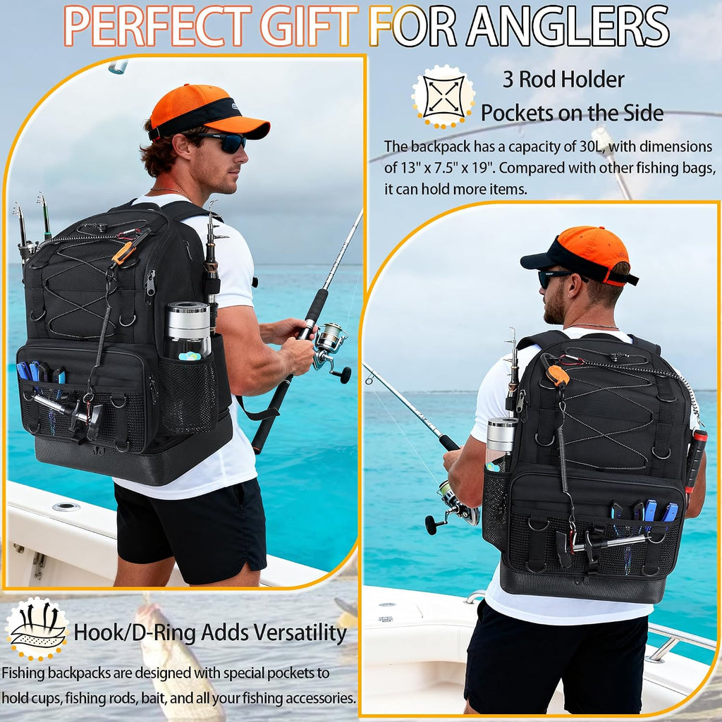 Fishing Backpack with Tackle Boxes and Rod Holder, Cooler, 30L Large Tackle Bag with Fishing Gear Lures Kit, Waterproof Bottom Tackle Backpack Fish Set Gifts for Men Women-Black Back Pack