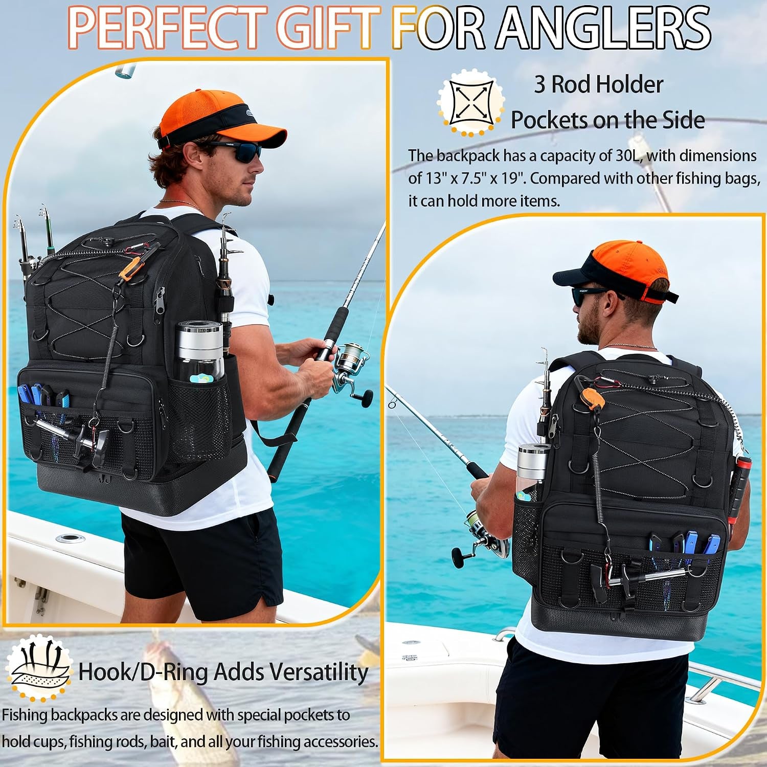 Fishing Backpack with Tackle Boxes and Rod Holder, Cooler, 30L Large Tackle Bag with Fishing Gear Lures Kit, Waterproof Bottom Tackle Backpack Fish Set Gifts for Men Women-Black Back Pack