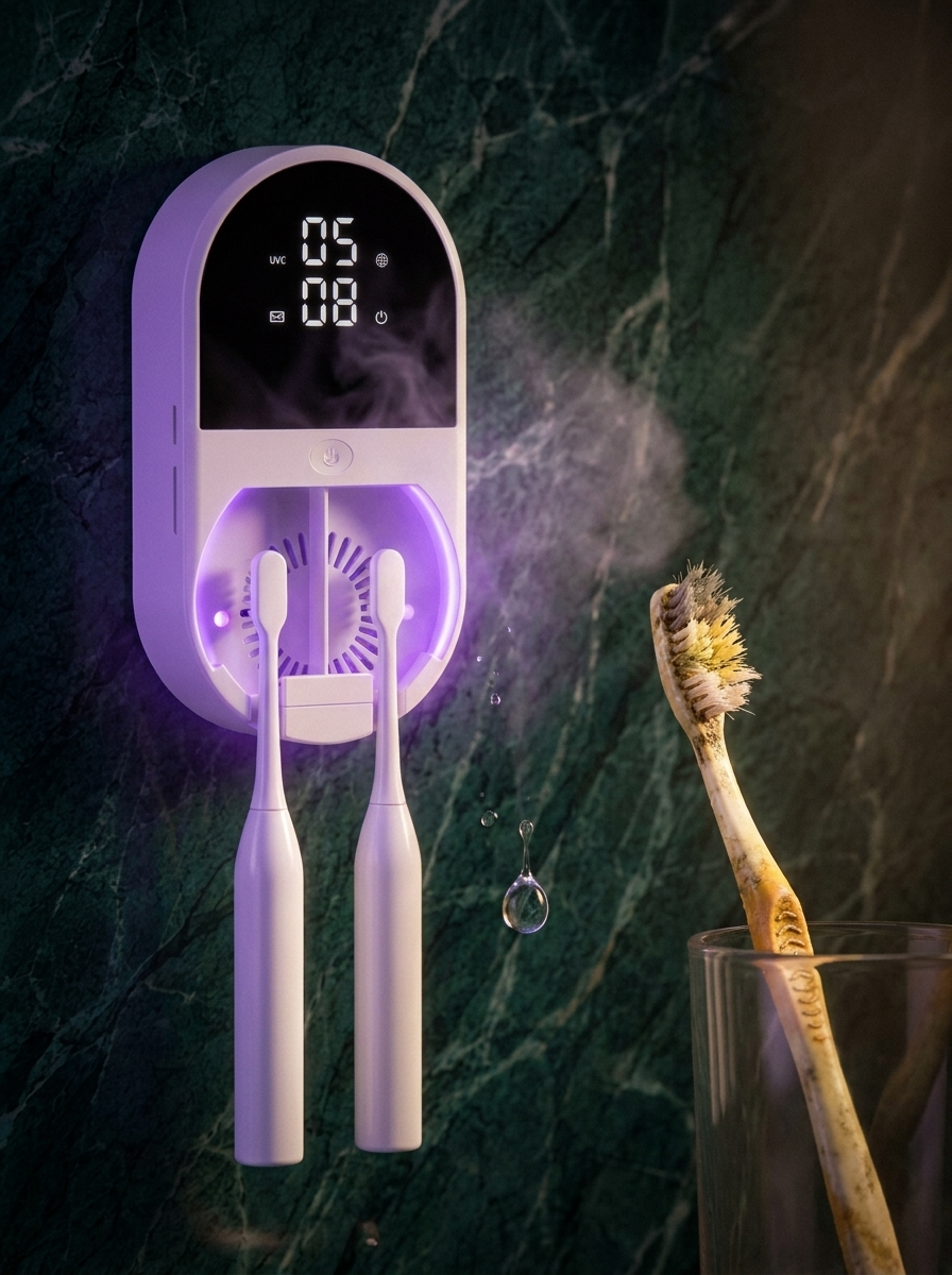 UV-C Toothbrush Sanitizer Holder | Wall Mounted, No-Drill, USB Rechargeable 