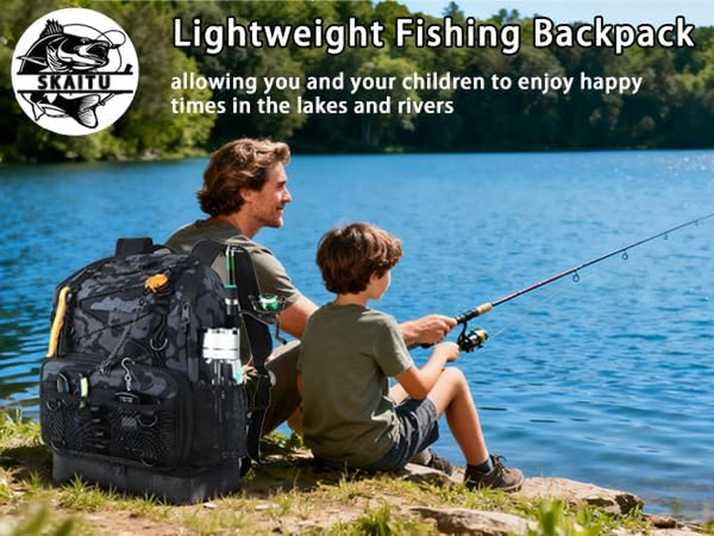Fishing Backpack with Tackle Boxes and Rod Holder, Cooler, 30L Large Tackle Bag with Fishing Gear Lures Kit, Waterproof Bottom Tackle Backpack Fish Set Gifts for Men Women-Black Back Pack