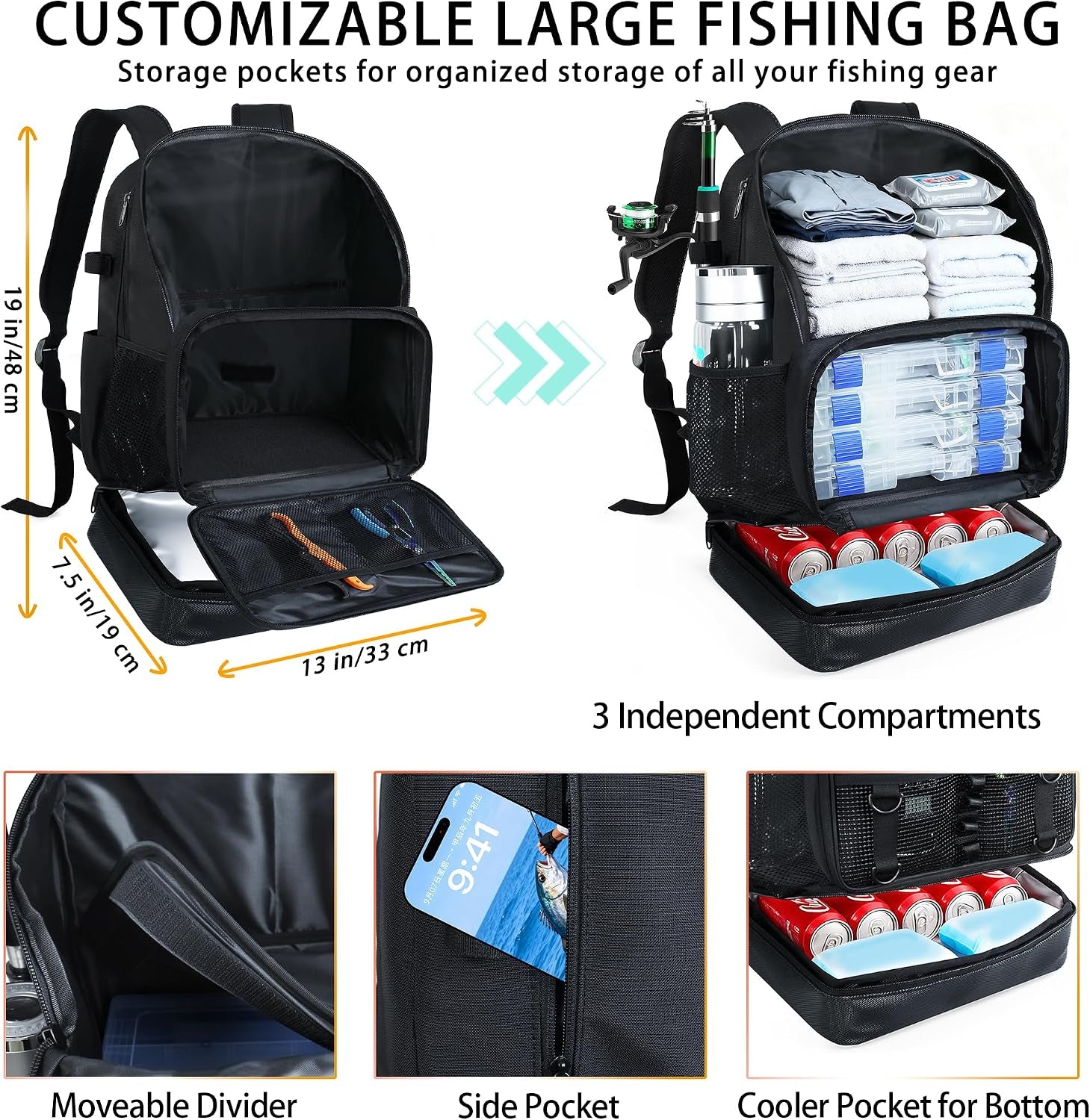 Fishing Backpack with Tackle Boxes and Rod Holder, Cooler, 30L Large Tackle Bag with Fishing Gear Lures Kit, Waterproof Bottom Tackle Backpack Fish Set Gifts for Men Women-Black Back Pack